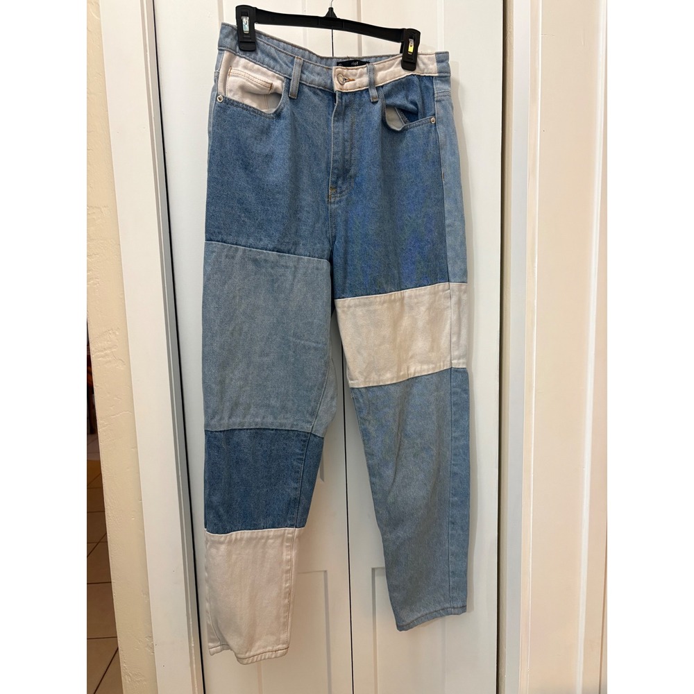 Missguided Riot High Rise Mom Jeans Blue White Patchwork Colorblock Denim US 8